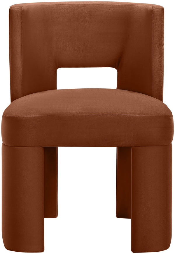 Meridian Furniture Zuno Sculptural Velvet Upholstered Dining Chair with Solid Wood Frame for Modern Interiors Cognac 945Cognac-C