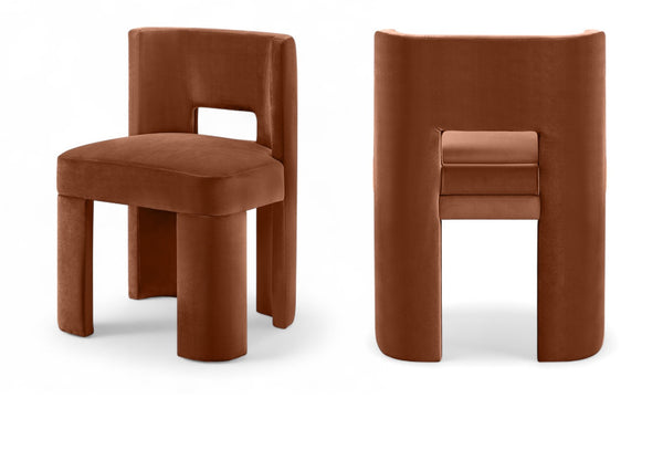 Meridian Furniture Zuno Sculptural Velvet Upholstered Dining Chair with Solid Wood Frame for Modern Interiors Cognac 945Cognac-C