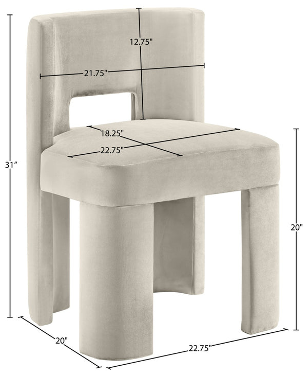 Meridian Furniture Zuno Sculptural Velvet Upholstered Dining Chair with Solid Wood Frame for Modern Interiors Cream 945Cream-C