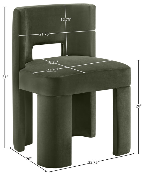Meridian Furniture Zuno Sculptural Velvet Upholstered Dining Chair with Solid Wood Frame for Modern Interiors Green 945Green-C