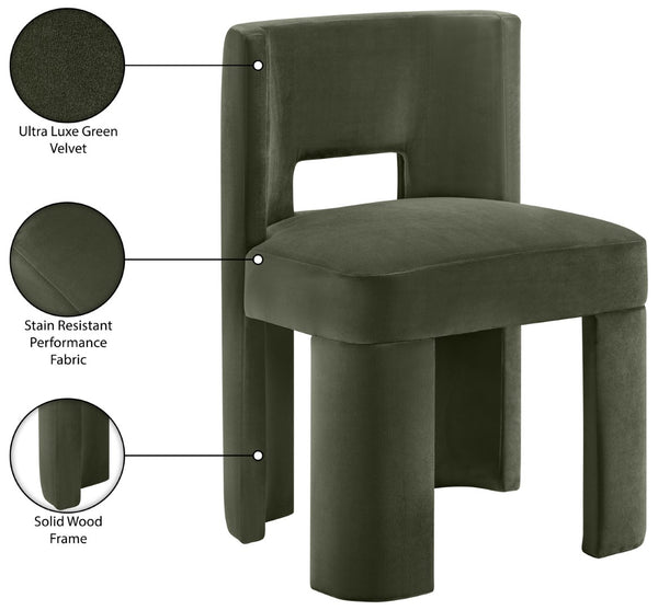 Meridian Furniture Zuno Sculptural Velvet Upholstered Dining Chair with Solid Wood Frame for Modern Interiors Green 945Green-C