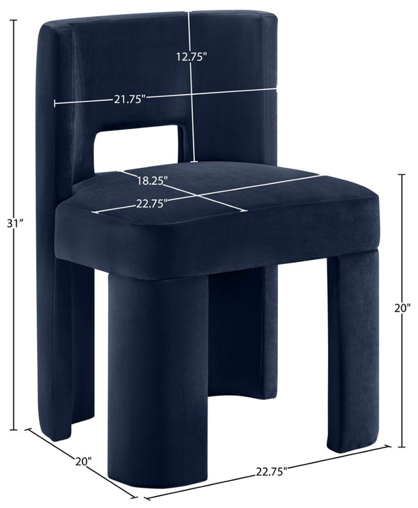 Meridian Furniture Zuno Sculptural Velvet Upholstered Dining Chair with Solid Wood Frame for Modern Interiors Navy 945Navy-C