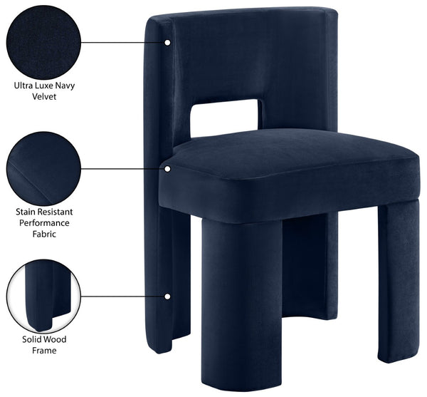 Meridian Furniture Zuno Sculptural Velvet Upholstered Dining Chair with Solid Wood Frame for Modern Interiors Navy 945Navy-C