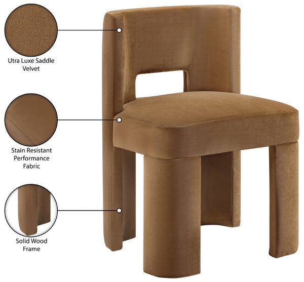 Meridian Furniture Zuno Sculptural Velvet Upholstered Dining Chair with Solid Wood Frame for Modern Interiors Saddle 945Saddle-C