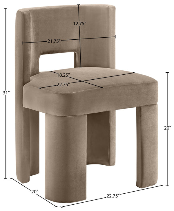 Meridian Furniture Zuno Sculptural Velvet Upholstered Dining Chair with Solid Wood Frame for Modern Interiors Taupe 945Taupe-C