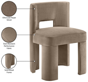 Meridian Furniture Zuno Sculptural Velvet Upholstered Dining Chair with Solid Wood Frame for Modern Interiors Taupe 945Taupe-C