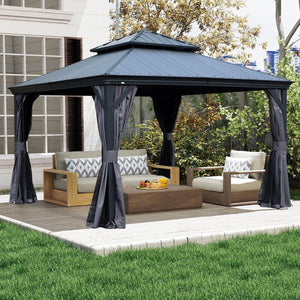 English Elm 10x12ft Lean to Hardtop Gazebo Wall Mounted Steel Roof Shelter for Deck Patio W1859S00184