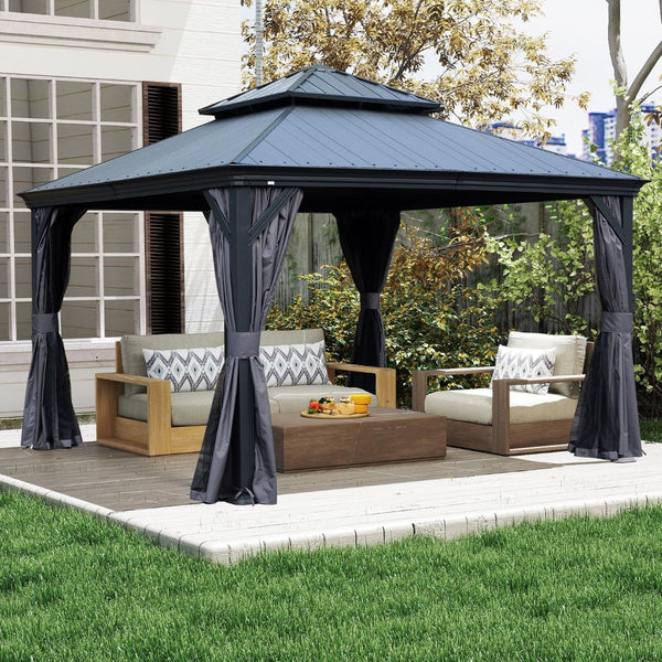 English Elm 10x12ft Lean to Hardtop Gazebo Wall Mounted Steel Roof Shelter for Deck Patio W1859S00184