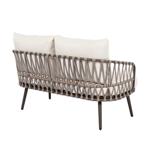 English Elm Christopher Knight Home® - 4-Piece Outdoor Patio Set with Woven Rope U-Back, Steel Frame, Thick Cushions & Acacia Table for Garden Brown+Beige N780P209458R