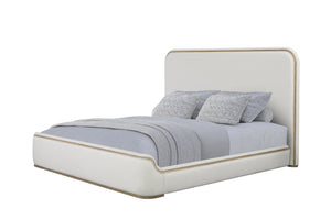 English Elm Queen Upholstered Bed Rounded Headboard Tailored Trim Low Profile Neutral Fabric Frame B2699S00080