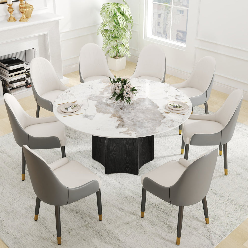 English Elm 59.05" Round Marble Dining Table For 6-8 People - Modern Artificial Stone With Black Oak Base W1535S00459