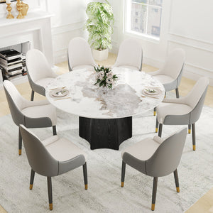 English Elm 59.05" Round Marble Dining Table For 6-8 People - Modern Artificial Stone With Black Oak Base W1535S00459