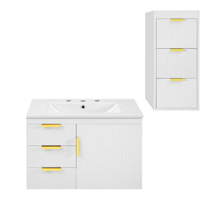 English Elm 30" Bathroom Vanity with Sink — Wall-Mounted Ceramic Basin, Soft-Close Storage, Floating Modern Design White N710S324096K