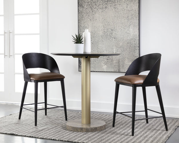 Sunpan Dezirae Barstool - Stylish Curved Back Design with Genuine Leather Seat and Unique Craftsmanship Black / Cognac Leather