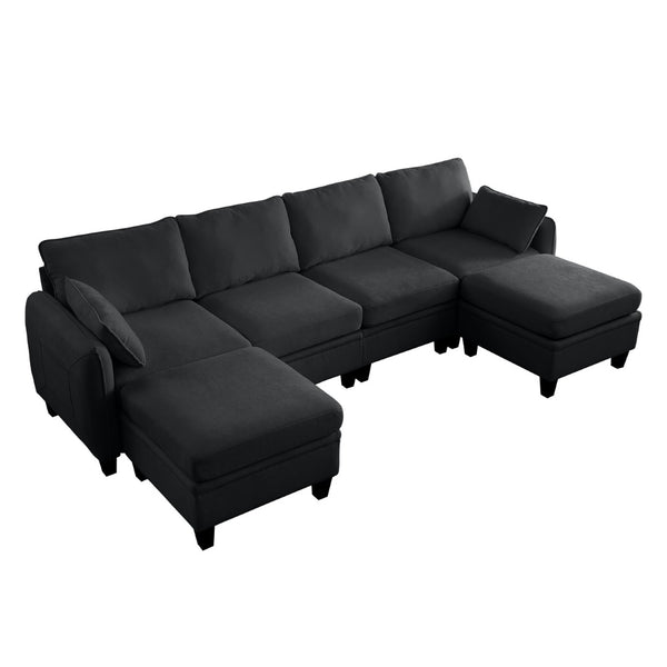 English Elm 102 Inch Linen Modular Sectional Sofa with Hidden Storage and Cloud Cushion Comfort Black W1099S00217
