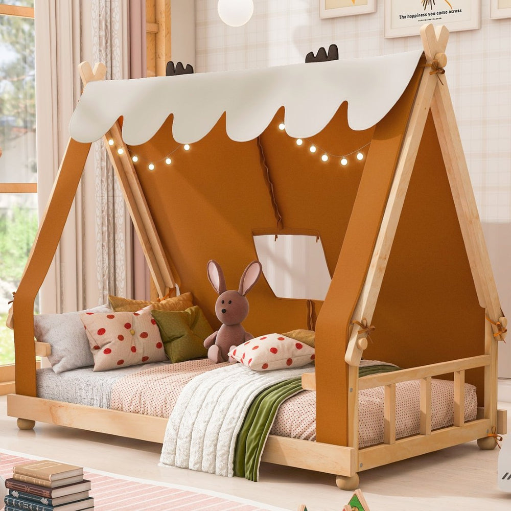 English Elm Twin Cabin Bed with Detachable Tent Skylight and Woodland Deer Antler Accents Brown N708P356716D