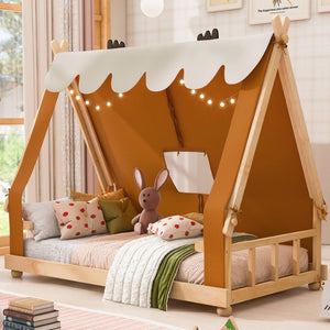 English Elm Twin Cabin Bed with Detachable Tent Skylight and Woodland Deer Antler Accents Brown N708P356716D