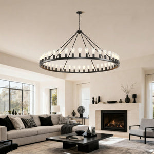 English Elm 64 Inch Wagon Wheel Chandelier 42 Light Matte Black Farmhouse Pendant for Vaulted Rooms W5008P389353