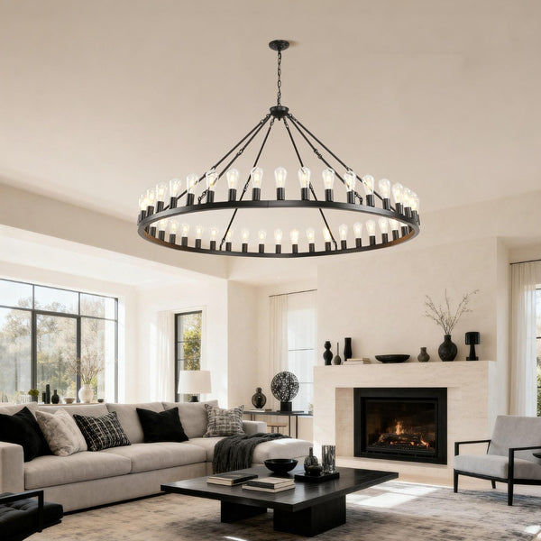 English Elm 64 Inch Wagon Wheel Chandelier 42 Light Matte Black Farmhouse Pendant for Vaulted Rooms W5008P389353