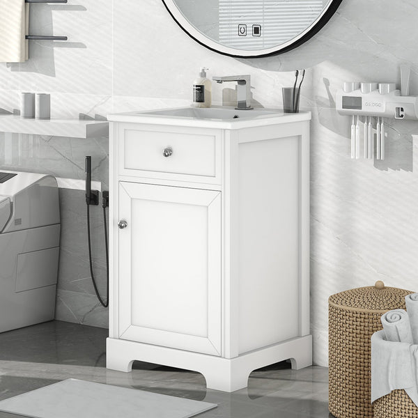 English Elm 20" Bathroom Vanity with Ceramic Sink, MDF Construction, Soft-Closing Door, Storage Rack & Shelf White N725P218017K