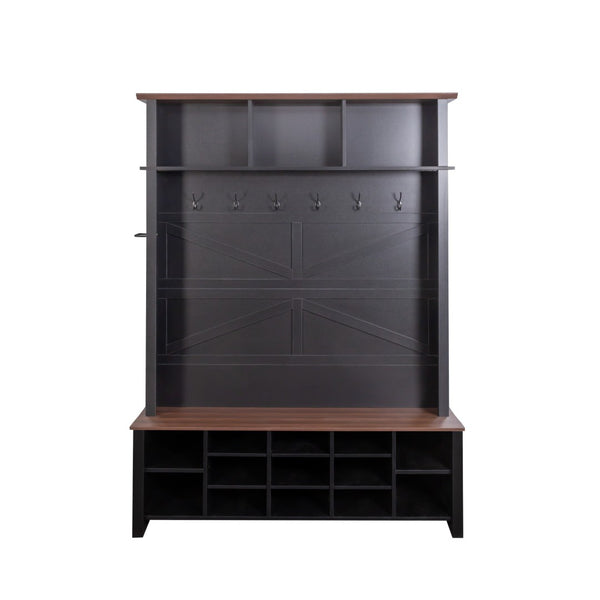 English Elm Farmhouse Hall Tree Entryway Organizer with Bench 16 Compartments and 6 Coat Hooks N721S000064B-1