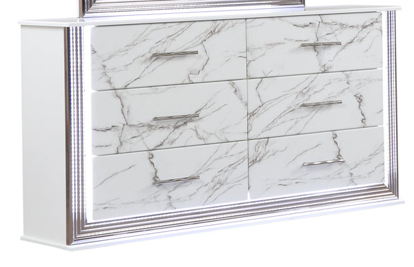 English Elm Desire Marble-Front 6-Drawer Dresser in Sleek White with Metallic Handles — Modern Durable Storage G150109088