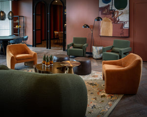 Sunpan FORESTER Lounge Chair - Sculptural Copenhagen Olive Design with Plush Comfort & Antique Gold Base 110380