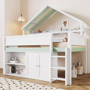 English Elm Full Size Pine Loft Bed with House Canopy Roof Built-in Shelves Kids Bedroom N7090005012F