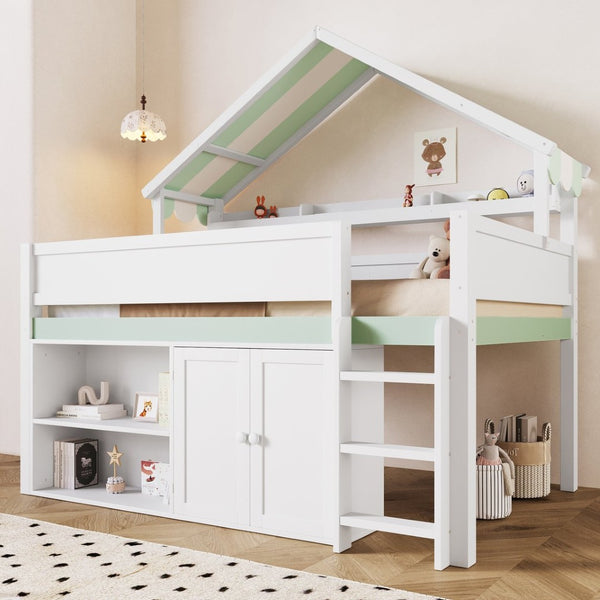 English Elm Full Size Pine Loft Bed with House Canopy Roof Built-in Shelves Kids Bedroom N7090005012F