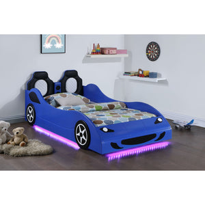 English Elm Solana Race Car Twin Bed with LED Underglow Lights, Padded Headboard & Realistic Wheels for Kids B062S01110