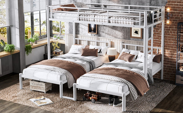 English Elm Twin Triple Bunk Bed Metal L-shaped Frame Sleeps Three Kids White Finish White W1580S00616