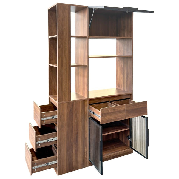 English Elm 70.87"h Tall Storage Cabinet Glass Panel Doors Asymmetric Drawers Modern Hallway Organizer W331S00205
