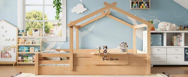 English Elm Queen House Shaped Kids Floor Bed Pine Wood Frame with Guardrails and Personalized Headboard Natural W1580P396335