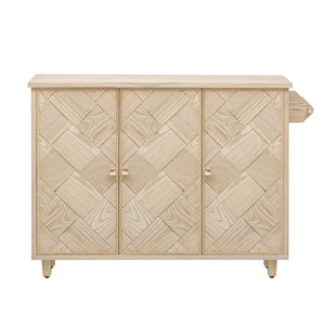 English Elm K&K Farmhouse Kitchen Island with 3D Wave Stripes Ash Veneer, Drop Leaf, Rolling Cart Storage Natural Wood N707P207916Y