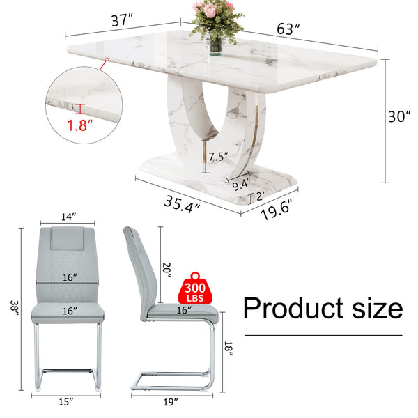 English Elm Table And Chair Set - Modern Marble Pattern Mdf Dining Table With 4 Light Gray Pu Chairs, Stylish Design W1151S02187-GIGA