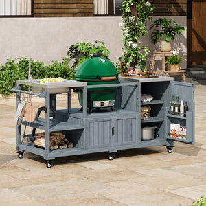English Elm K&k Solid Fir Outdoor Kitchen Island with Sink Stainless Steel Top and Grill Cutout Grey+Blue N707S000022G