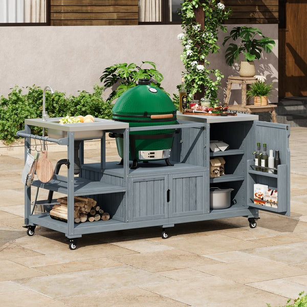 English Elm K&k Solid Fir Outdoor Kitchen Island with Sink Stainless Steel Top and Grill Cutout Grey+Blue N707S000022G