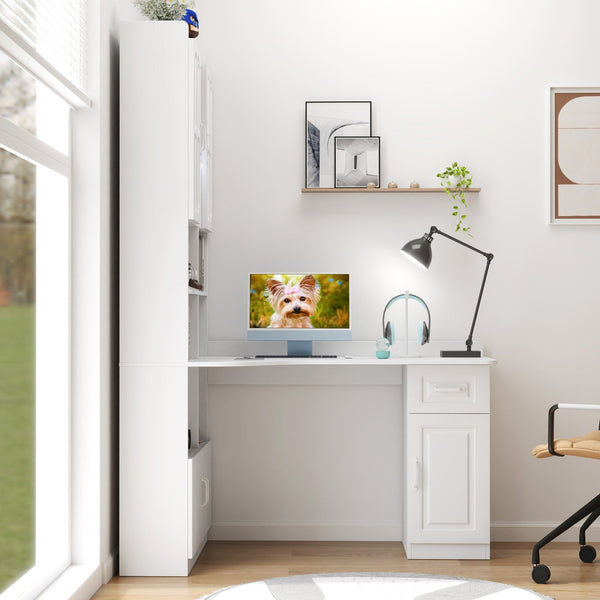 English Elm L-Shaped Corner Computer Desk with Hutch & Drawers, Space-Saving 2-in-1 Design and Ample Storage White W331S00169