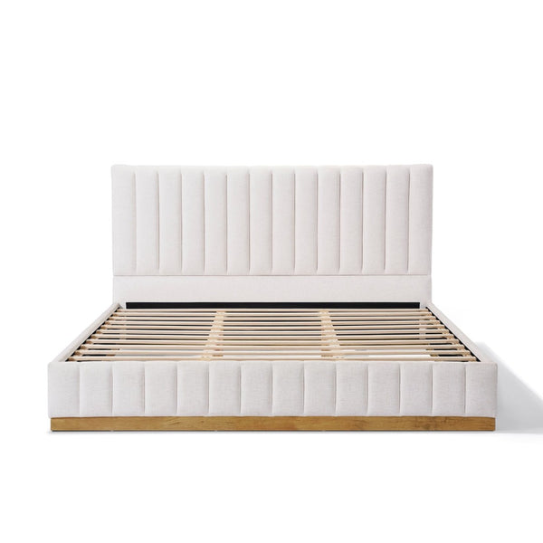 English Elm King Upholstered Bed Linen Channel Stitch Tall Headboard Solid Wood Slatted Base N757K339014I