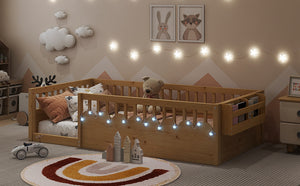 English Elm Twin Montessori Floor Bed Frame with High Rails and Built-In Light Shelf for Safe Independent Sleep Natural 79.13 L x 13 W x 6.3 H W2593P333571