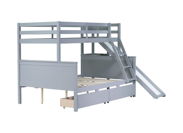 English Elm Twin Over Full Bunk Bed With Slide, Drawers & Shelves – Durable Rubberwood Design In Grey Finish W504S00204-GIGA