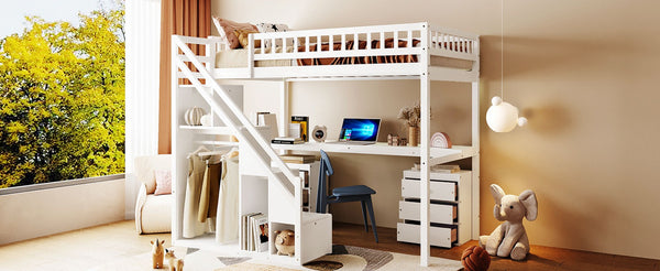 English Elm Twin Loft Bed with Staircase Desk Dual Drawers and Led Strip for Kids Rooms LT000257AAK