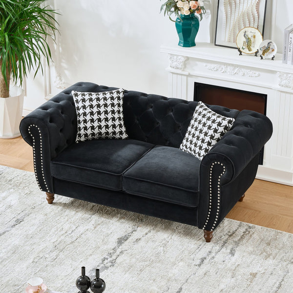 English Elm 67"Chesterfield Velvet 2-Seater Sofa with Nailhead Trim, Roll Arms, Hardwood Frame, Luxurious Comfort Black W3373S00011