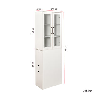 English Elm 70.87" Modern Display Storage Cabinet with 4-Tier Pull-Out Shelves, Dual Glass Doors for Home White W331P295245