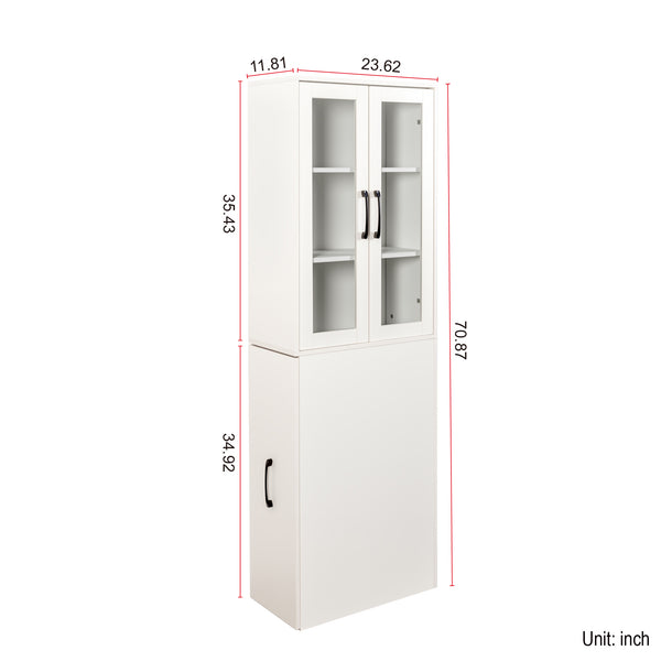 English Elm 70.87" Modern Display Storage Cabinet with 4-Tier Pull-Out Shelves, Dual Glass Doors for Home White W331P295245