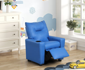 English Elm Evelyne Youth Pu Leather Recliner with Cupholder for Playroom or Bedroom Lounge Blue B2749P413214