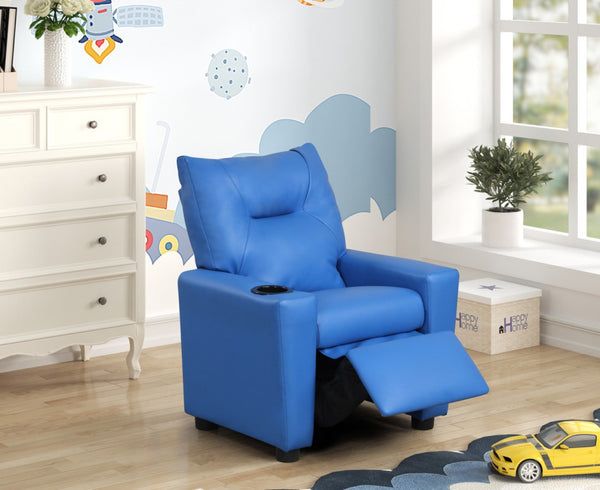 English Elm Evelyne Youth Pu Leather Recliner with Cupholder for Playroom or Bedroom Lounge Blue B2749P413214