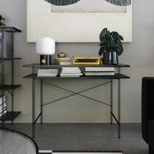 English Elm Vance Computer Desk with Fluted Glass Top, Woodgrain Laminate, Open Shelves, 50 lb Capacity B2733P395251