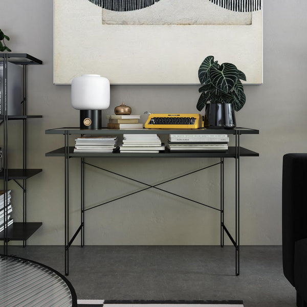 English Elm Vance Computer Desk with Fluted Glass Top, Woodgrain Laminate, Open Shelves, 50 lb Capacity B2733P395251