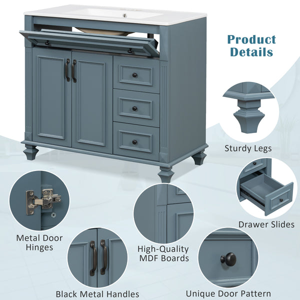 English Elm 36" Modern Bathroom Vanity with Ceramic Sink, Gold Handles, Flip-Out Drawer & Soft-Close Doors Blue Gray N725P283623C